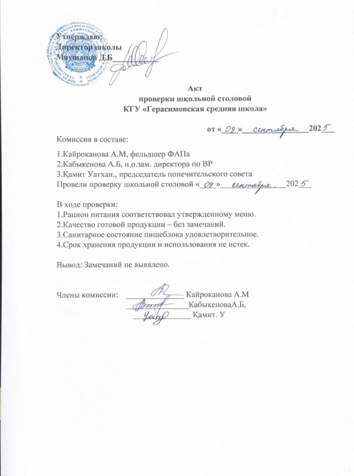 Акт проверки школьной столовой