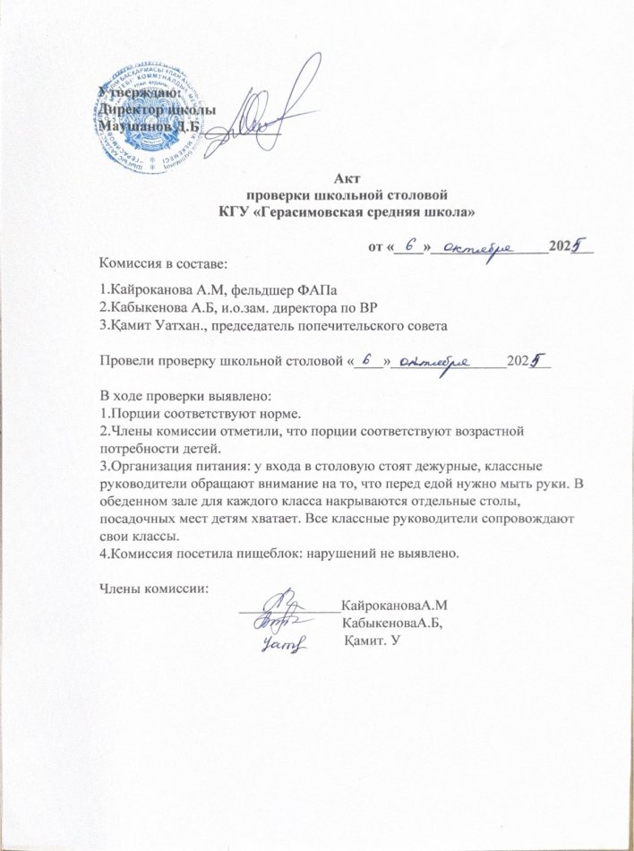 Акт проверки школьной столовой