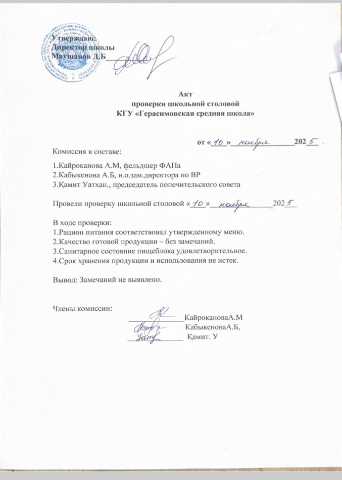 Акт проверки школьной столовой
